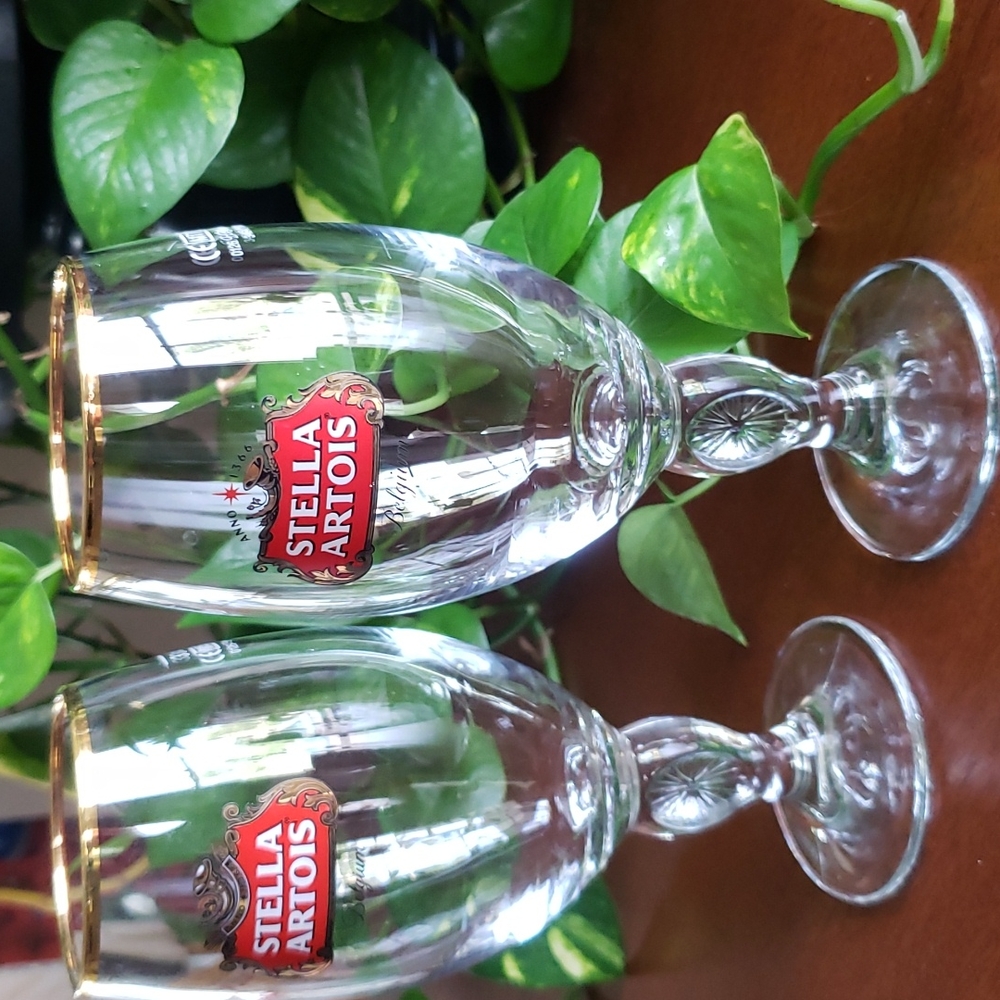 Stella Artois Belgium glass Chalices set of 2 Goblets red gold
